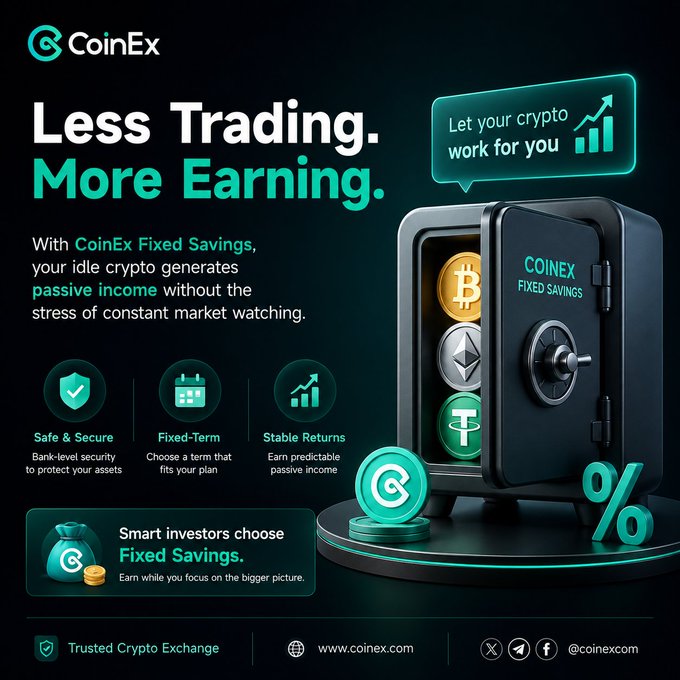 A CoinEx promotional advertisement features a black safe displaying Bitcoin, Ethereum, and Tether coins with the headline "Less Trading. More Earning." and highlights CoinEx Fixed Savings as offering safe, fixed-term, stable returns for passive crypto income. The image visually reinforces the post's message by depicting idle crypto securely stored in a vault, symbolizing how fixed-term deposits can generate earnings without active trading—turning "less" action into more financial growth.