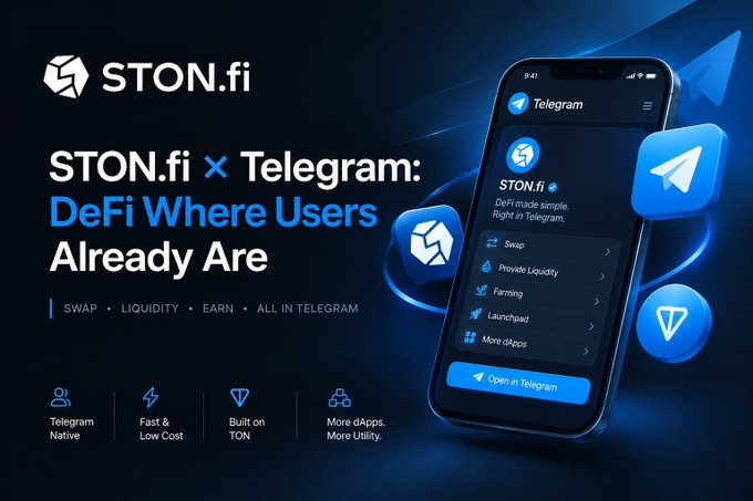 An advertisement for STON.fi x Telegram promotes DeFi services, featuring a smartphone displaying the app's interface with options like Swap, Provide Liquidity, and Farming.