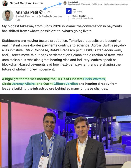 A LinkedIn post by Ananda Patil about Sibos 2026 in Miami discusses shifts in payments, stablecoins, tokenized deposits, and instant cross-border payments, with an arrow pointing to 'Gilbert Verdian likes this' and a photo of two men.