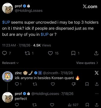 A screenshot of an X.com exchange between user "prof" (@HoldingLosses) claiming to be a top 3 holder of $UP, with user "zinc" (@zinceth) joking that the only other holder seems to be a "Korean quant," to which prof replies "perfect"—aligned with the post's "Vision" theme of market surveillance and niche token holder dynamics.