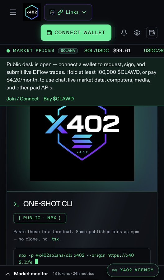 A screenshot of the x402 platform website featuring a 'CONNECT WALLET' button, market prices showing SOL/USDC at $99.61, and information about the $CLAWD token with CLI installation instructions.