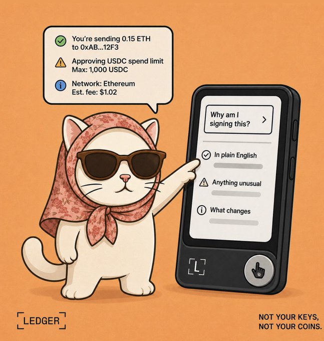 A Ledger crypto wallet advertisement featuring a cat with sunglasses pointing to a device displaying transaction details (0.15 ETH send, USDC approval) with the tagline 'NOT YOUR KEYS, NOT YOUR COINS.'