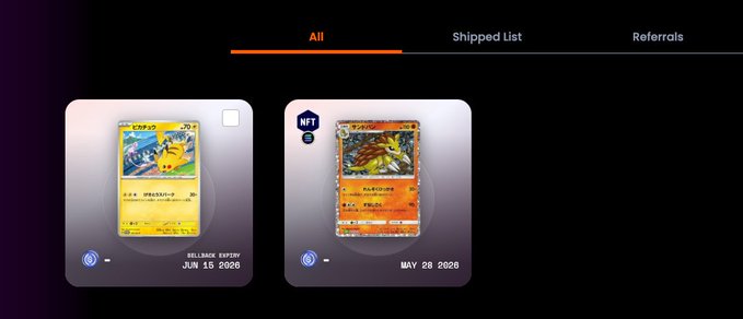 The image shows a screen displaying two Pokemon cards side by side with different colors. The text "All" and "Shipped List" are visible on the screen, indicating that these cards have been listed for sale or are part of a shared collection among friends. The post also mentions that someone has recently started gambling on card drawings, which adds an element of excitement to the scene.