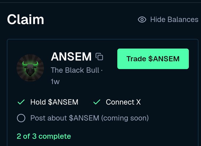 A "Claim" interface shows the $ANSEM "Black Bull" token profile with 2 of 3 tasks complete (Hold $ANSEM and Connect X checked, while "Post about $ANSEM" remains marked as coming soon), along with a green "Trade $ANSEM" button—illustrating the user's progress in the $ANSEM airdrop campaign as described in their post.