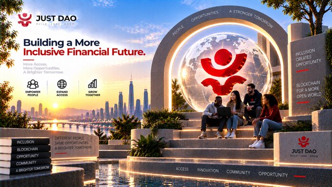 An advertisement for JUST DAO reading 'Building a More Inclusive Financial Future' with values like 'EMPOWER PEOPLE', 'EXPAND ACCESS', and 'GROW TOGETHER', featuring a large illuminated logo and people sitting on steps.