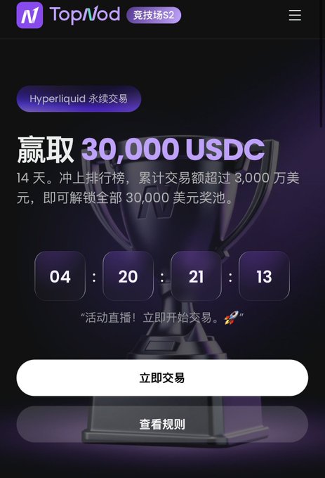 A mobile app screenshot for TopNod (TopNod 竞技场 S2) featuring a Hyperliquid perpetual trading competition with a prize pool of 30,000 USDC and a countdown timer of 04:20:21:13.