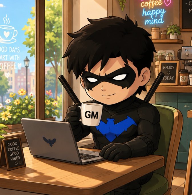 An illustration of a chibi-style Batman character in a coffee shop, holding a mug that says "GM" and working on a laptop with a bat logo, surrounded by coffee-themed neon signs.