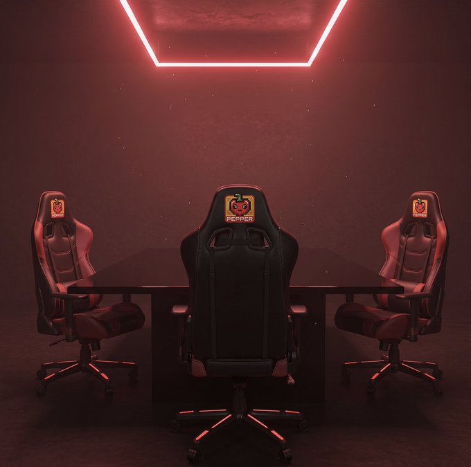 The image shows three black office chairs with red logos placed around a conference table. The chairs are arranged for a meeting or discussion, possibly related to the Pepper Parliament opening its doors. The text "The Pepper Parliament is opening its doors! #PepperPeople, the DAO is leveling up." suggests that there might be an ongoing event or gathering involving the Pepper Parliament and the DAO.