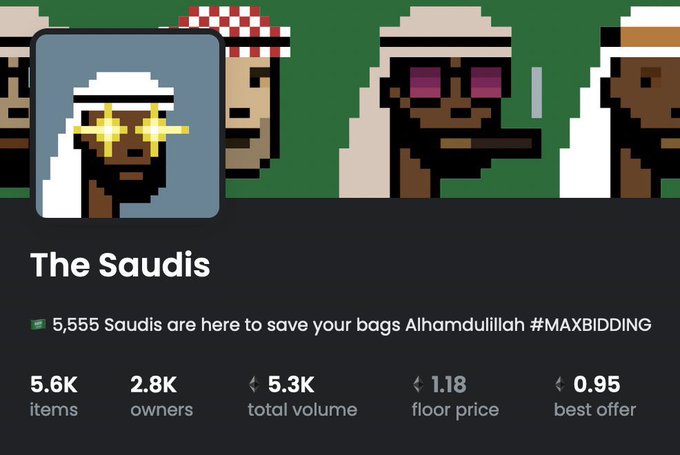 The image displays an NFT collection page titled "The Saudis" with pixel-art characters wearing traditional Saudi attire, showing 5.6K items, 2.8K owners, 5.3K total volume, a 1.18 floor price, and 0.95 best offer, alongside a Saudi flag emoji and the caption "5,555 Saudis are here to save your bags Alhamdulillah #MAXBIDDING." The post highlights this as the floor price from four years ago, suggesting the current best offer has yet to surpass that historic low—urging followers to consider max bidding.