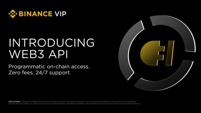 The image features a black background with a white circle containing a gold logo for "Binance Vip" and "Introducing Web3 API", along with text that reads "Programmatic on-chain access. Zero fees. Built-in MEV protection. Non-custodial. binance.com/en/support/ann". The image is related to the post because it provides information about a new service offered by Binance, which is an integration of the Web3 API into their platform. This integration allows users to access on-chain execution across multiple networks and offers zero fees for accessing the service. Additionally, the integration includes built-in MEV protection and non-custodial support.