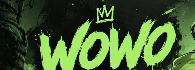 A graffiti-style banner with the bold green text "WOWO" topped with a crown, set against a dark, paint-splattered background. The image serves as a striking visual announcement for the launch of the $WOWO token on Pumpfun, matching the excitement of the airdrop announcement.