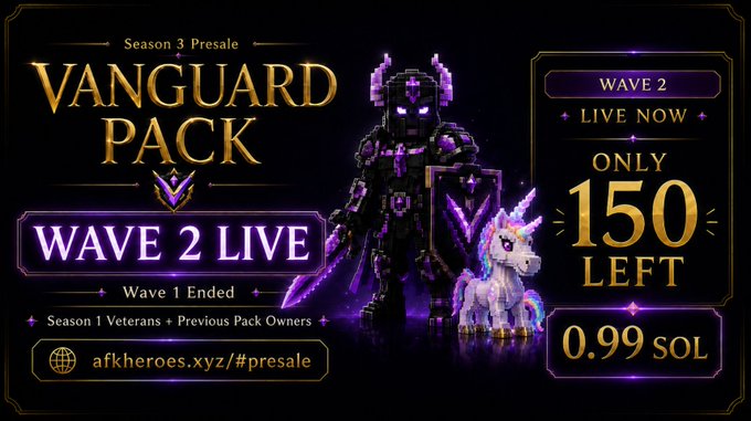 A promotional banner for 'VANGUARD PACK' Season 3 Presale Wave 2, featuring a pixelated knight character and a unicorn, with 150 packs left at 0.99 SOL, available at afkheroes.xyz/#presale.
