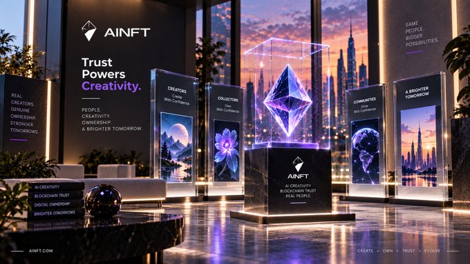 A promotional banner for AINFT featuring the tagline 'Trust Powers Creativity' alongside displays showcasing digital collectibles like 'Real Creators', 'Collectors', and 'Communities' on NFTs labeled '#01 - #02'.