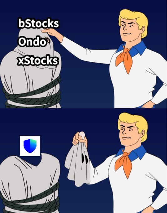 A two-panel meme shows Fred Jones from Scooby-Doo unmasking a ghost to reveal the Trust Wallet logo, with the ghost labeled "bStocks, Ondo, xStocks" in the first panel before the mask is pulled off. The image illustrates the post's message that Trust Wallet is revealing itself as the true identity behind these tokenized stock platforms, no longer hiding behind a facade.