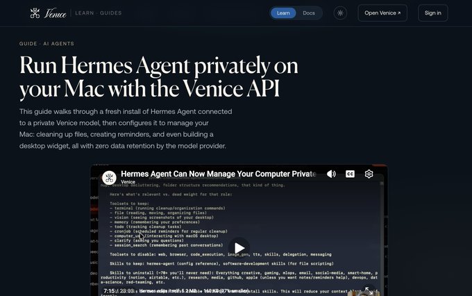 A webpage header for 'Venice' with a guide titled 'Run Hermes Agent privately on your Mac with the Venice API', showing a screenshot of the agent's terminal interface below.
