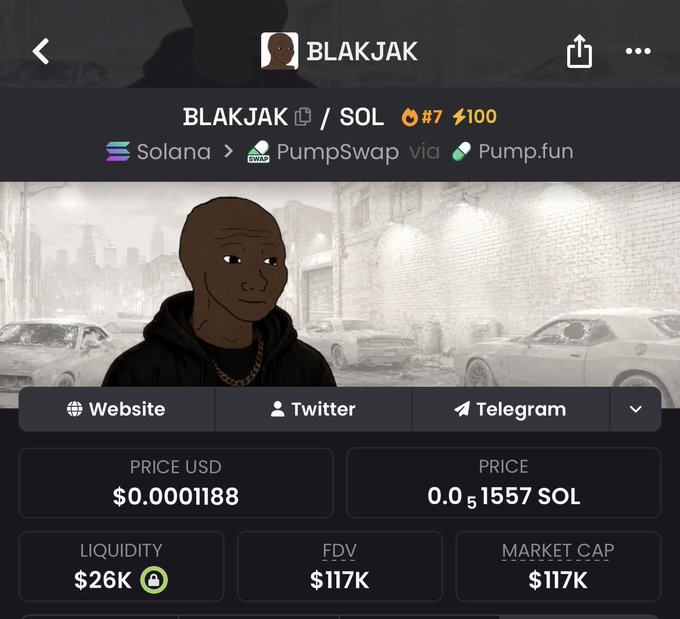 A PumpSwap/Pump.fun token page for BLAKJAK on Solana, showing a price of $0.0001188, FDV of $117K, market cap of $117K, and liquidity of $26K.