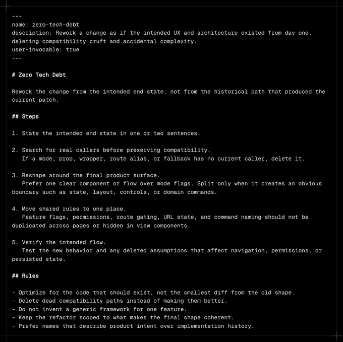 The image shows a configuration/markdown file for a skill called "zero-tech-debt" (name: zero-tech-debt, user-invocable: true), which provides steps and rules for refactoring code by reworking changes as if the intended UX and architecture existed from day one. The file outlines a 5-step process (stating the end state, searching for callers, reshaping, moving shared rules, and verifying) along with design principles like deleting dead compatibility paths and avoiding generic frameworks.

This directly relates to the post, which announces that the `/zero-tech-debt` skill (created by jnsahaj, available via `npx skills add jnsahaj/skills`) has become a favorite tool for feature planning and code reviews, working well with Claude 5.6 Sonnet Ultra. The image appears to be the actual content/definition of that skill being promoted.