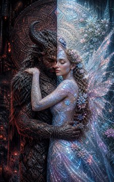 A fantasy digital artwork depicts an ethereal woman embracing a horned, demonic-looking figure, with sparkly, web-like wings and dreamlike, textured details.