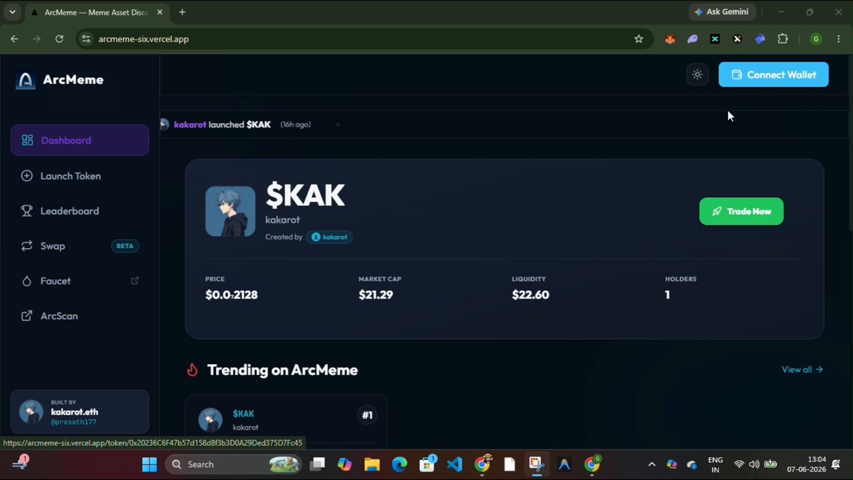 In this screenshot, there is an image of an open web browser with a pop-up window displaying the page titled "Arc Meme" and a button labeled "Tagging". The main focus of the screen seems to be a meme token launcher, which could potentially serve as a fun way for users to create their own meme tokens. The post in question mentions that anyone can create their own meme token on this platform called Arc Meme Testnet, accompanied by a description about creating tokens and how it works. The image also hints at the need for an initial 10 USDC creation fee when starting the token-making process.