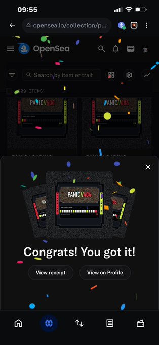 A mobile screenshot of the OpenSea platform displays a "Congrats! You got it!" message alongside "PANIC//404" NFT items, celebrating a successful purchase that aligns with the post's milestone of 209/404 minted in the collection.