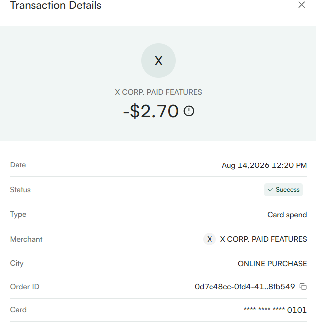 A transaction details screen showing a successful $2.70 card spend to "X CORP. PAID FEATURES" on Aug 14, 2026 at 12:20 PM, used as evidence of purchasing a Twitter Premium gift via the Solayer Pay Card.
