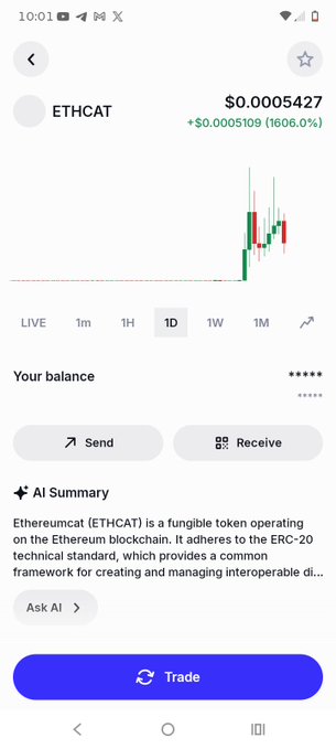 A mobile cryptocurrency app screenshot showing ETHCAT token at $0.0005427, up 1606.0%, with a candlestick price chart, Send/Receive options, an AI Summary describing it as an ERC-20 fungible token, and a Trade button.