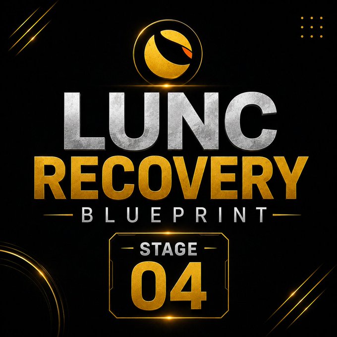 A black and gold promotional graphic featuring a logo and the text 'LUNC RECOVERY BLUEPRINT STAGE 04'.