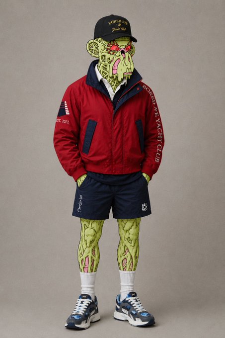 A figure wearing a 'Bored Ape Yacht Club' red jacket and cap with a green patterned Bored Ape face and body, standing against a gray background.