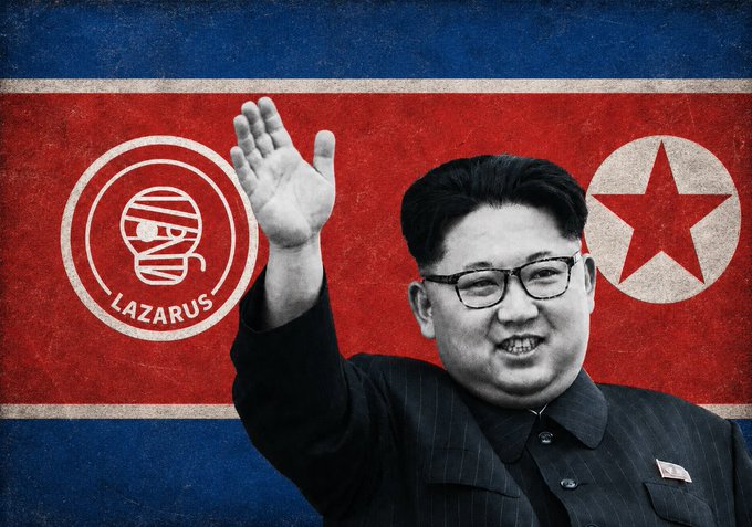 A graphic depicts North Korean leader Kim Jong Un waving in front of the North Korean flag, with a logo labeled "LAZARUS" overlaid. This imagery visually connects the Lazarus Group's alleged activities to North Korea.