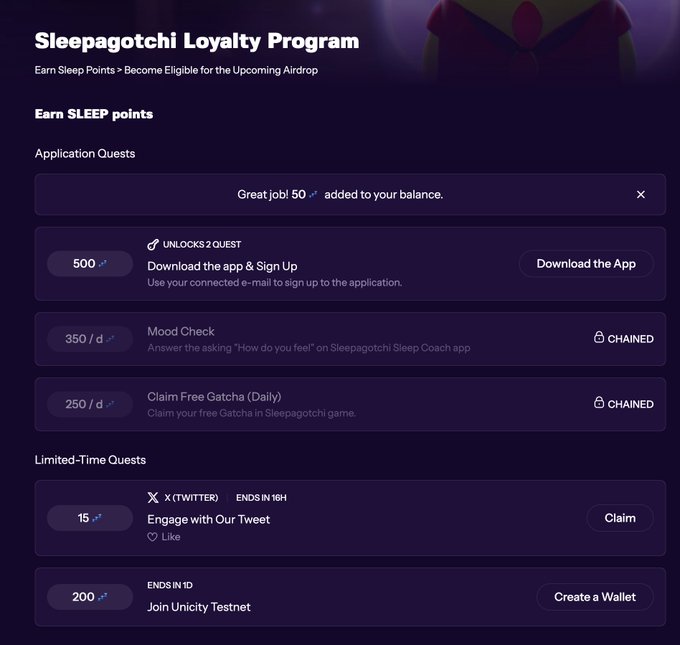 Sleepagotchi Loyalty Program page showing quests to earn SLEEP points for an upcoming airdrop, including application quests (Download the App, Mood Check, Claim Free Gatcha) and limited-time quests on X (Twitter) and Unicity Testnet.