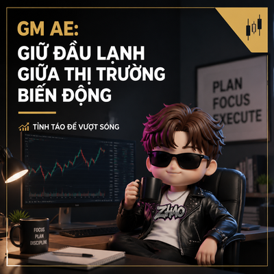 Thumbnail graphic featuring a 3D cartoon avatar with sunglasses and a leather jacket, titled 'GM AE: GIỮ ĐẦU LẠNH GIỮA THỊ TRƯỜNG BIẾN ĐỘNG' and 'TỈNH TÁO ĐỂ VƯỢT SÓNG,' set against a trading chart background.