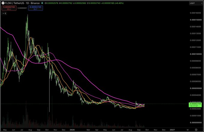 A TradingView daily candlestick chart of FLOKI/USDT on Binance shows a long-term downtrend from a 2024 peak around 0.00027, with the price now consolidating near 0.0002376 (+8.40%) after a steep decline, aligning with the post's suggestion that the "OG meme" FLOKI is stirring at a bottom.