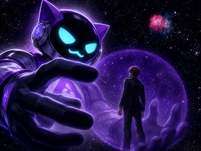 A sci-fi anime-style illustration featuring a large purple robotic cat-like figure with glowing cyan eyes reaching toward a man in a suit, set against a cosmic starry background.