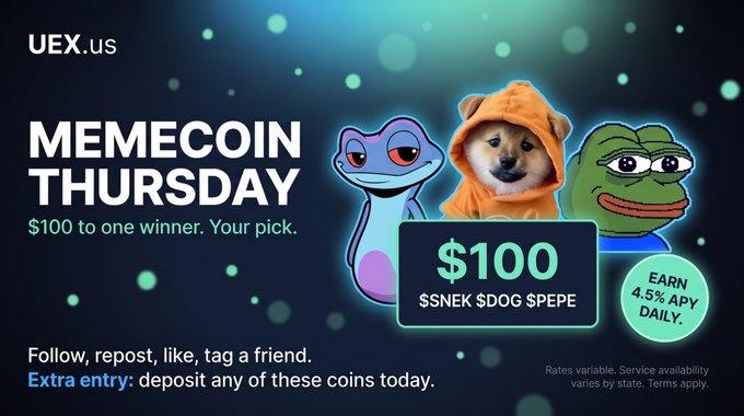 The image is a promotional graphic for "MEMECOIN THURSDAY" by UEX.us, offering $100 to one winner in their choice of $SNEK, $DOG, or $PEPE, with a highlighted 4.5% APY daily earning rate and featuring iconic meme characters (a Shiba Inu dog, Pepe the Frog, and a snake) to reinforce the cryptocurrency theme.