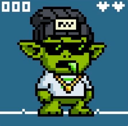 A pixel art NFT-style character depicting a green goblin-like figure with sunglasses, black hair, a gold chain, and white shirt, against a blue background.