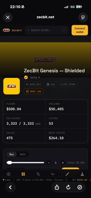 A mobile screenshot of zecbit.net displays the 'ZecBit Genesis - Shielded' NFT collection listing with a floor price of $508.04, volume of $50,405, and 3,333 items.