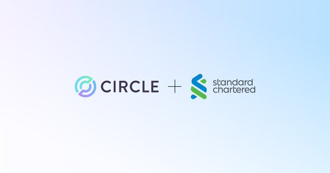The image displays the Circle logo alongside the Standard Chartered logo, separated by a plus sign, set against a light gradient background. This visual represents the partnership announced in the post, in which Standard Chartered becomes the first G-SIB to enable institutional USDC minting and redemption via a regulated banking channel in the DIFC.