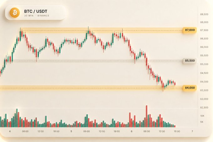 A cryptocurrency price chart showing BTC/USDT on Binance over a 30-minute timeframe, with Bitcoin declining from around $87,000 toward $84,000.