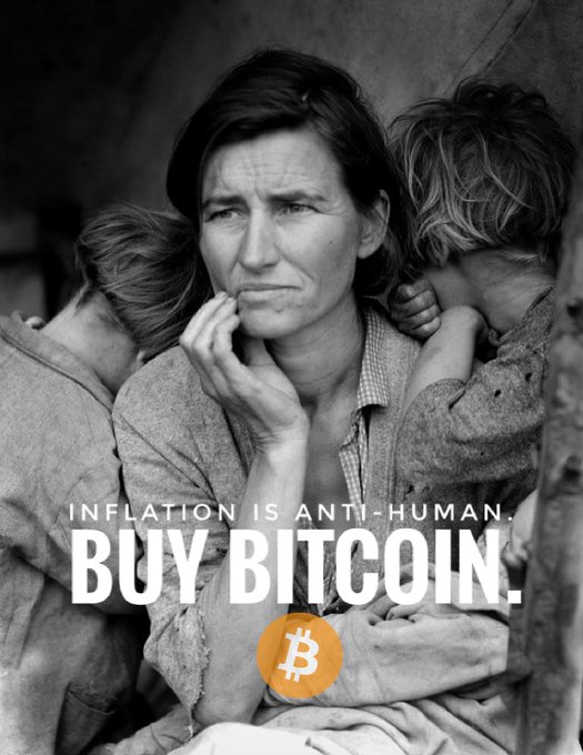 A meme using the famous 'Migrant Mother' black-and-white photograph, overlaid with text reading 'INFLATION IS ANTI-HUMAN. BUY BITCOIN.' and a Bitcoin logo.