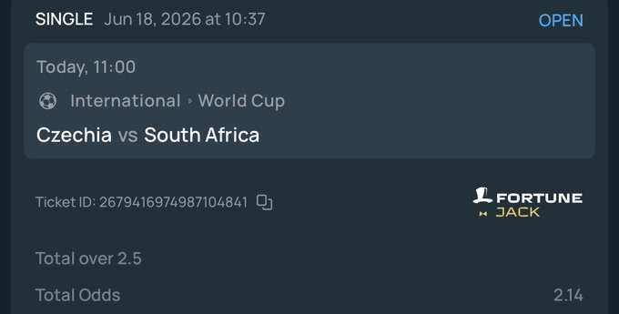 The image shows a screenshot from an app that displays information about a recent single by Fortune. The post features a screenshot of the app displaying the World Cup results for Czechia and South Africa, with the time of 10:30 shown on the screen. There is also a ticket price displayed below the image which says "Ticket ID: 2894131646/87478747". Additionally, there's an icon of a bird located in the bottom right corner of the screen, possibly representing an online betting site. It appears that the fortune app was used to place a bet on this event.