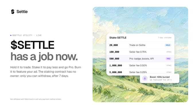 A webpage for '$SETTLE has a job now' explaining that $SETTLE is a utility token where holders can stake it to trade or pay for premium features, with a table showing stake tiers from 20,000 (HOLD) up to 5,000,000 (STAKE) with varying seller fees.
