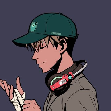 An anime-style illustration of a boy wearing a green cap labeled 'KSIBERU' with headphones around his neck, looking down at his bandaged hand.