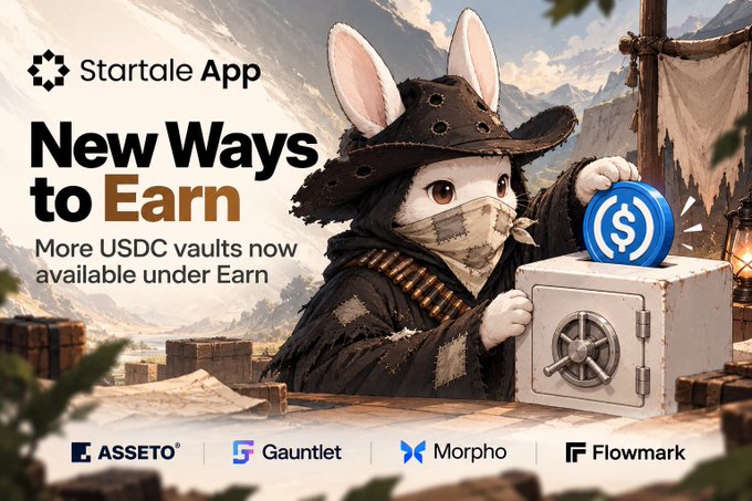 A promotional graphic for the Startale App announcing "New Ways to Earn" with more USDC vaults available, featuring an illustrated rabbit bandit in a cowboy hat placing a USDC coin into a safe, with partner logos including ASSETO, Gauntlet, Morpho, and Flowmark.