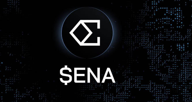 The image displays the Ethena (ENA) cryptocurrency logo, featuring a stylized "E" inside a black circle, with the ticker "$ENA" prominently shown below it against a dark, digital-themed background. This visual aligns with the post's announcement of Ethena's fee switch proposal passing with 100% approval, marking a significant milestone for the ENA token and its community governance.