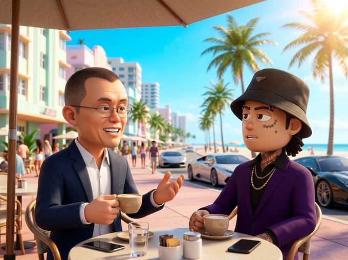 A 3D-animated scene shows two characters sitting at an outdoor café table with coffee cups, set on a sunny Miami-style street lined with palm trees and sports cars.