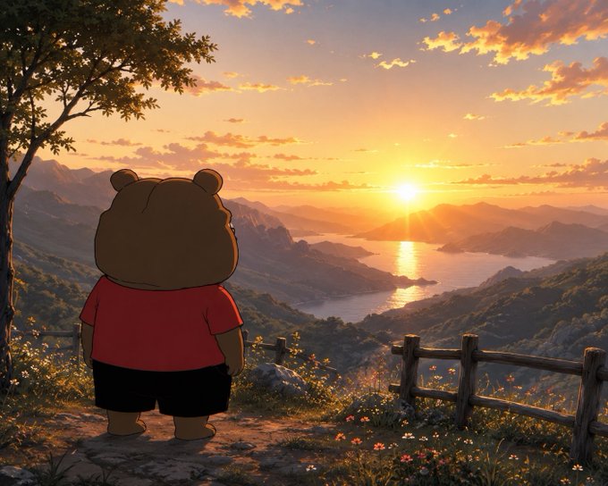 An animated bear character in a red shirt stands at a scenic overlook watching the sunset over mountains and water.