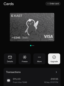 A digital banking app screen displays a gray Pudgy Penguins-themed virtual KAST Visa card ending in 6346, showing a recent -$137.25 transaction to DYLLIO on 18 Sep, tying into the user's excitement about paying for a "dream pudgy bag" delivery with their "pengu card."