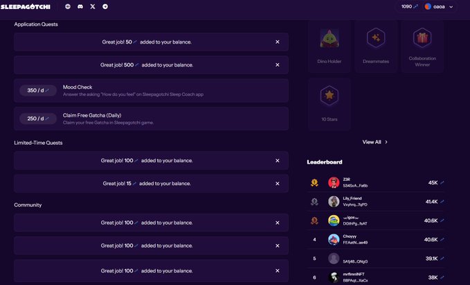 A Sleepagotchi dashboard showing Application Quests, Limited-Time Quests, and a Leaderboard with top players like ZIF and Lil_b.friend.