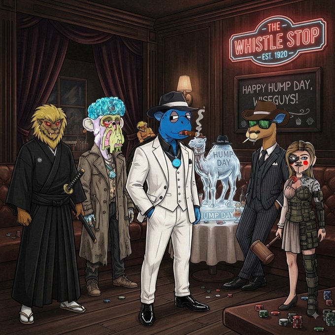 A cartoon illustration titled "THE WHISTLE STOP EST. 1920" showing anthropomorphic animal characters in suits, including a lion in a kimono, a zombie, a blue alien, and a dog in sunglasses, gathered around a table celebrating "HUMP DAY" with an ice sculpture.