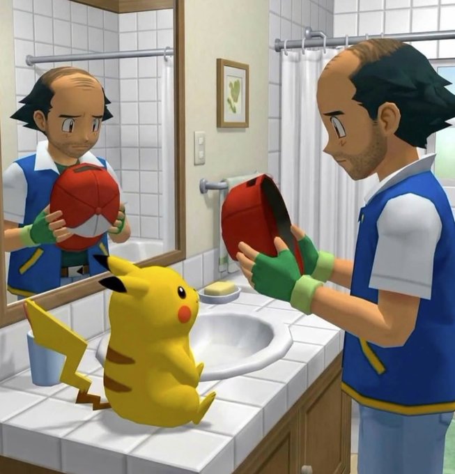 A 3D rendered scene showing a Pokémon trainer in a bathroom mirror reflection holding a Pokéball, with Pikachu sitting on the sink counter next to a bar of soap.